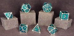 Fifteen4Two Ventures 7pc Solid Metal Dice Set Brilliant Blood Dagger Green w/Tin Case